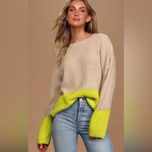 Time to Unwind Taupe and Neon Yellow Colorblock Knit Sweater